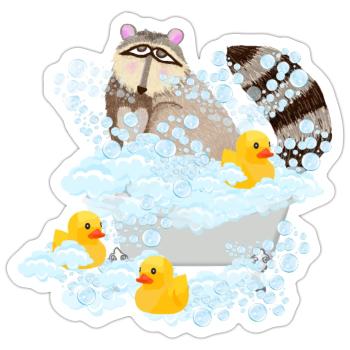 Raccoon, bubbles and Rubber Duckies - Sticker - white matte - Front