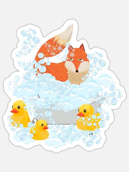 fox, rubberducks and bubbles - Sticker - white matte