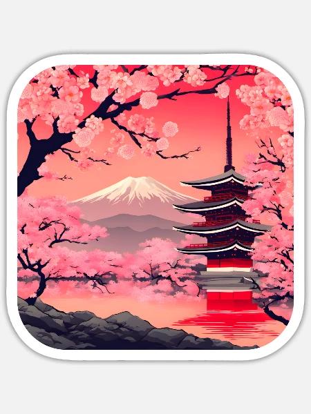 Japan Vacation Temple Cherry Blossom - Sticker - white matte