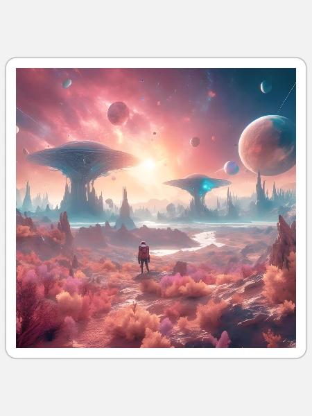 Alien Planet Explorer in Surreal Landscape - Sticker - white matte