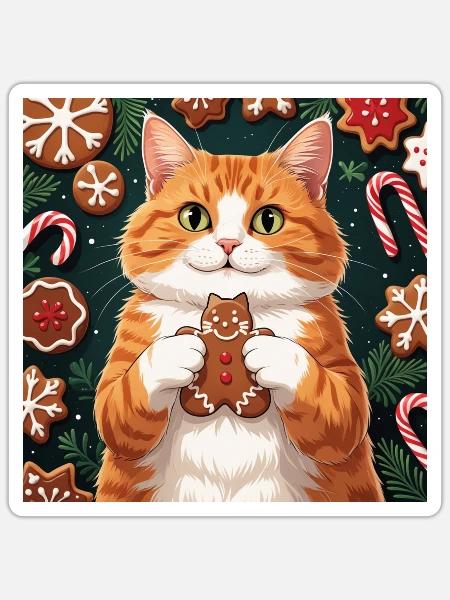 Ginger Cat and Cat-Shaped Gingerbread Man Cookies - Sticker - white matte