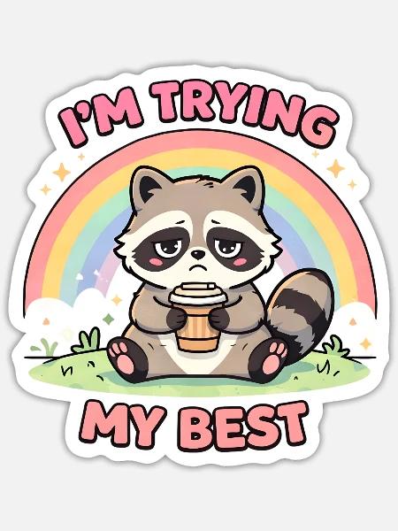 Raccoon Latte I’m Trying My Best - Sticker - white matte