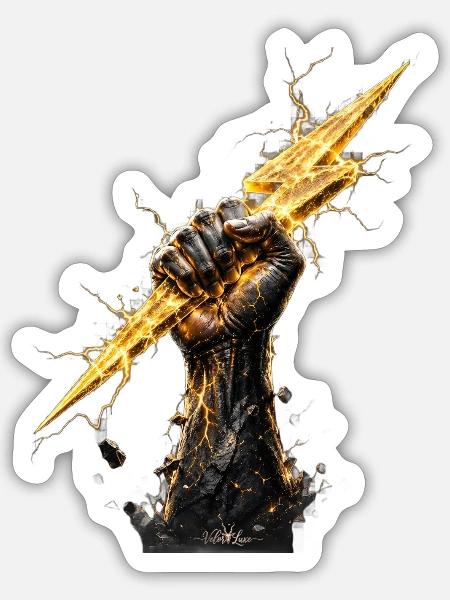 Golden Lightning Power Fist Back - 3D Success Icon - Sticker - white matte