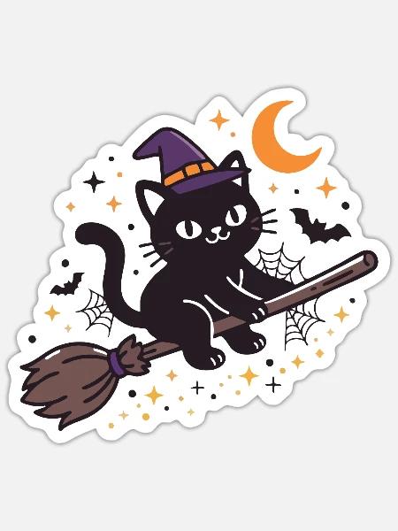 Moonlit Witch Cat on Broom Halloween - Sticker - white matte