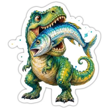 Cretaceous Catch: Dino with Fish - Sticker - white matte - Front