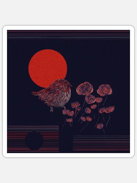 Crimson Sun Sparrow Amid Night Blooms - Sticker - white matte