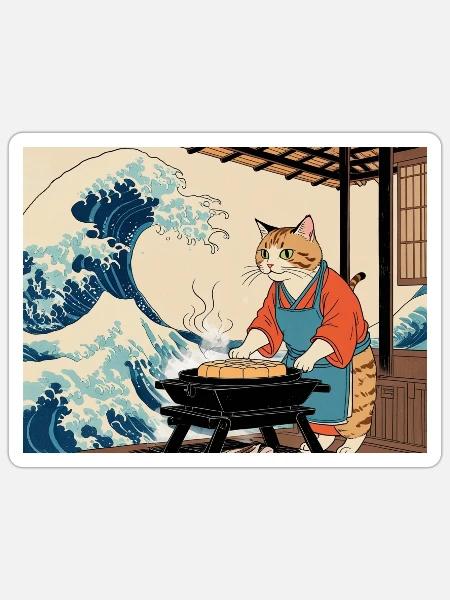 Ukiyo-e Cat Chef and Ocean Wave French Toast Shop - Sticker - white matte