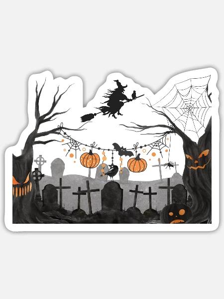 Scary grave yard with haunted trees - Sticker - white matte