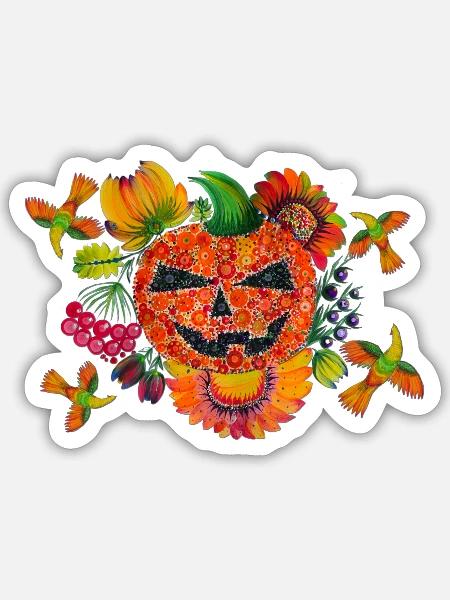 Halloween pumpkin. Petrykivka painting. Floral art - Sticker - white matte