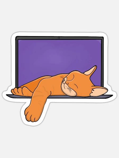 Orange kitten sleeping on the computer - Sticker - white matte