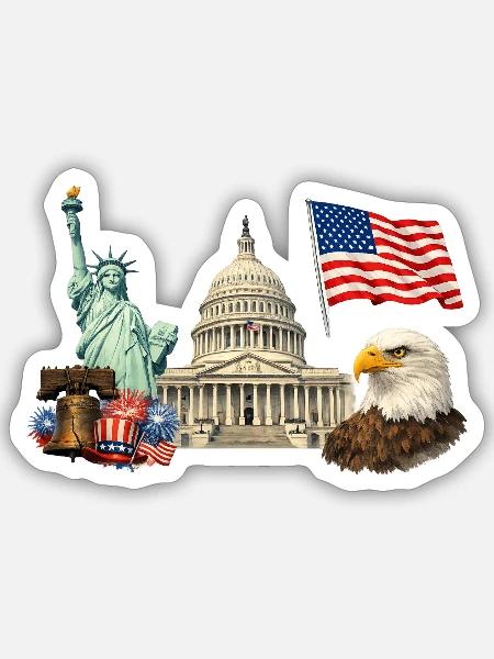 Patriotic Eagle & Landmarks Collage - Sticker - white matte