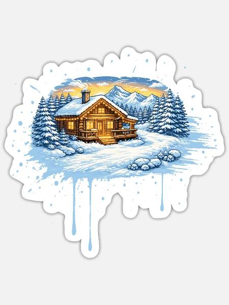 Winter Mountain Cabin in the Snow – Alpine Winter  - Sticker - white matte