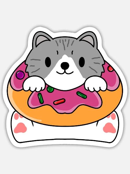 tabby cat eating donuts. - Sticker - white matte