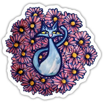 Blue Cat Daisies - Sticker - white matte - Front