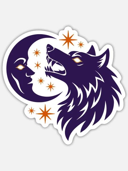 Moon Face Wolf Stars Vector 3 Colors - Sticker - white matte