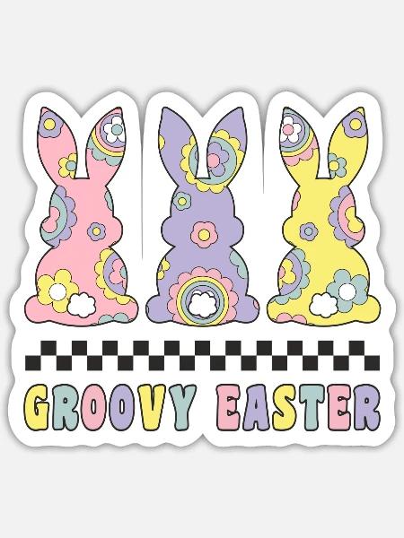 Groovy Easter Bunnies Retro Hippie Lover Easter - Sticker - white matte
