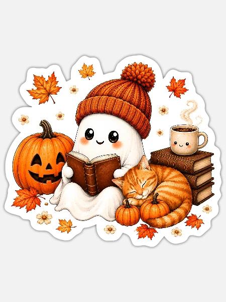 Coquette Ghost Pumpkins Coffee Fall - Sticker - white matte