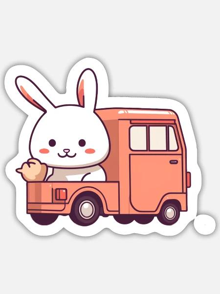 Cute little spoiled rabbit is traveling by truck - Sticker - white matte
