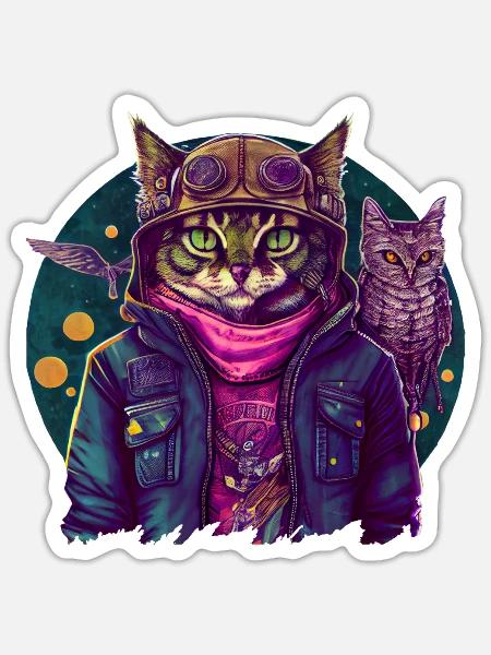 A Cat And An Owl - Sticker - white matte