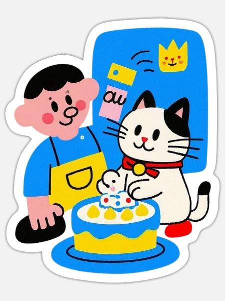 Birthday Cat Duo with Cake - Sticker - white matte