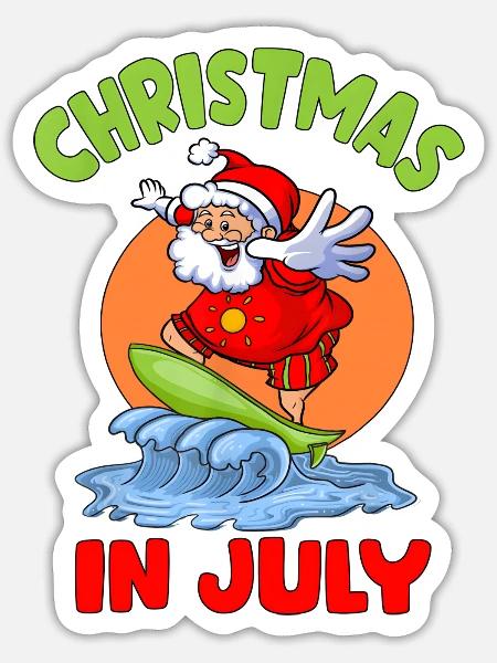 Christmas In July Santa Surfing Hawaiian Party - Sticker - white matte