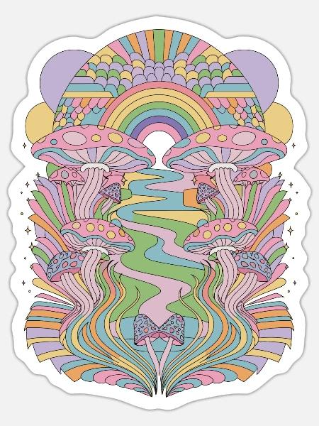 Rainbow and Mushrooms Light Pastel Retro Design - Sticker - white matte
