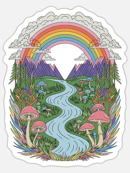 Mountain Stream With Rainbow, Clouds and Mushrooms - Sticker - white matte