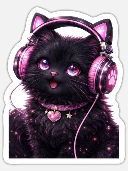 Neon Cat Beats Pink Headphones - Sticker - white matte
