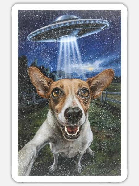 FUNNY SELFIE DOG WITH ALIEN - Sticker - white matte