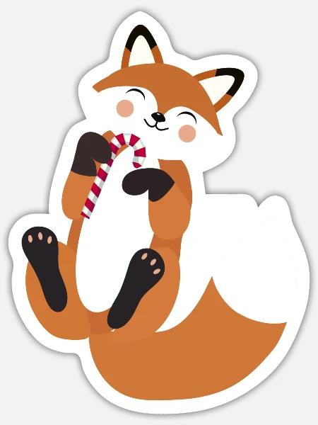Playful fox with candy cane for Christmas - Sticker - white matte