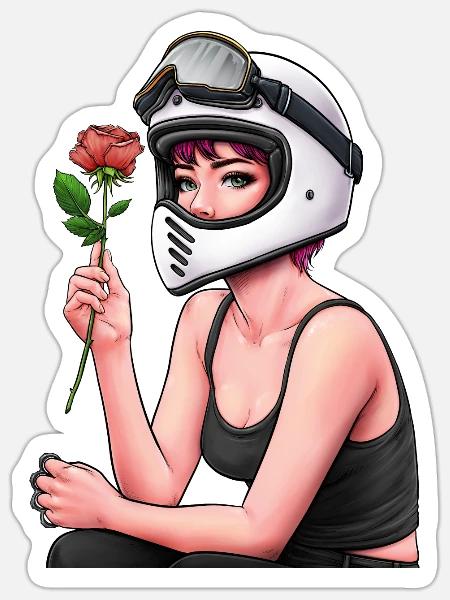 Girl rider with rose - Sticker - white matte