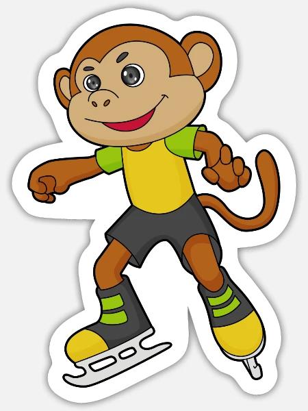 Monkey At Ice Skating With Ice Skates - Sticker - white matte