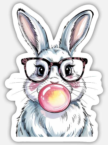 Cute Hipster Bunny Ester with Glasses & BubbleguM - Sticker - white matte