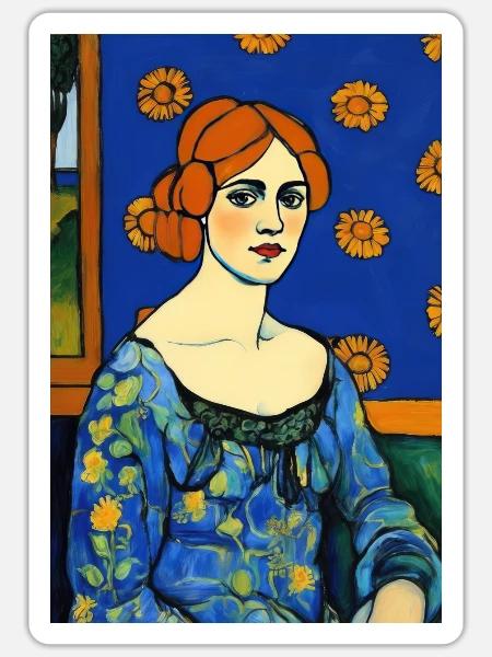 Blue Dress and Flowers Artwork - Sticker - white matte