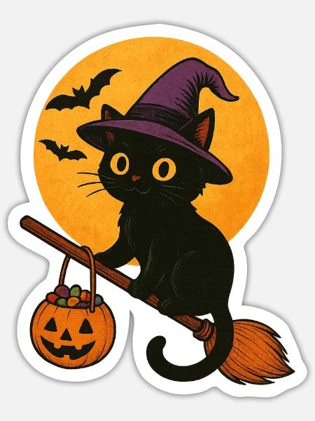 Cat Lover Witch Hat Pumpkin Halloween Costume - Sticker - white matte