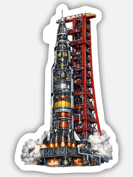 Rocket on Red Launch Tower - Sticker - white matte