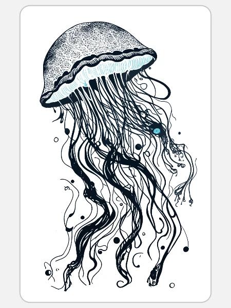 A black jellyfish ink drawing - Sticker - white matte