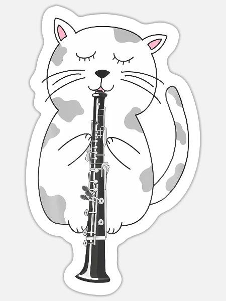 Cat Playing Oboe I Musician I Music Instrument I - Sticker - white matte