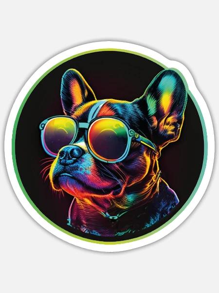 retro cool colourful dog with sunglasses - Sticker - white matte