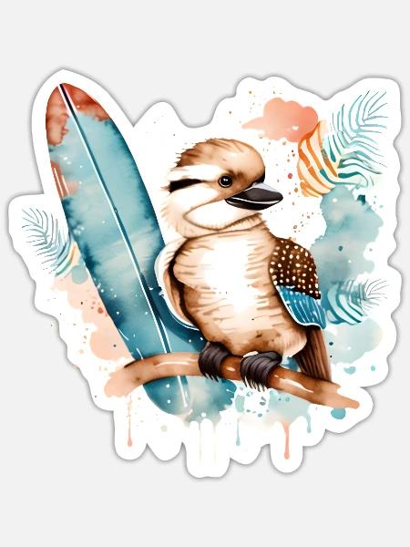 Surfing Bird Kookaburra Watercolor - Sticker - white matte
