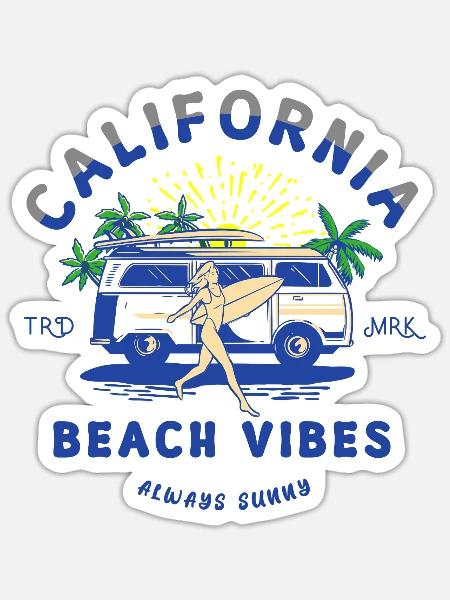 California Beach Vibes Retro Camper Van - Sticker - white matte