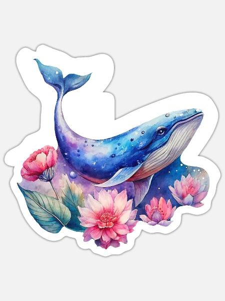 Whale with Floral Patterns - Sticker - white matte