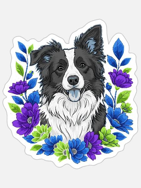 Border Collie Floral Portrait - Sticker - white matte