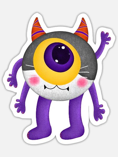 Cute Monster with Single Eye and Horns - Sticker - white matte