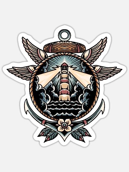old-school lighthouse Tattoo Design - Sticker - white matte
