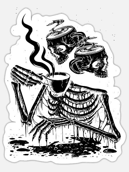 Funny Skeleton Skull halloween Coffee Drinking - Sticker - white matte