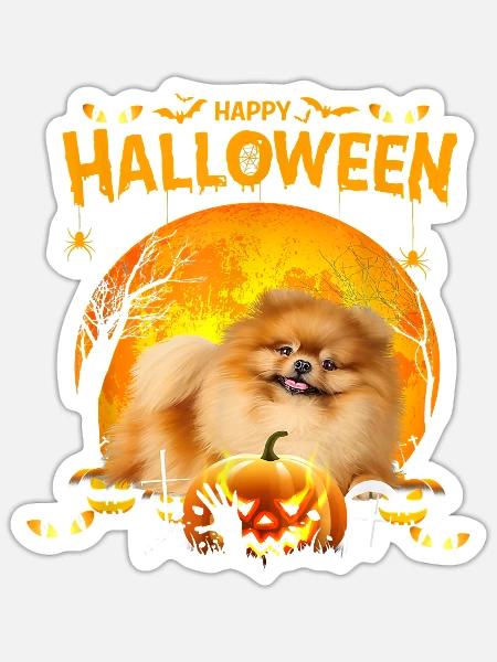 Happy Halloween Pomeranian Dog Pumpkin Costumes - Sticker - white matte