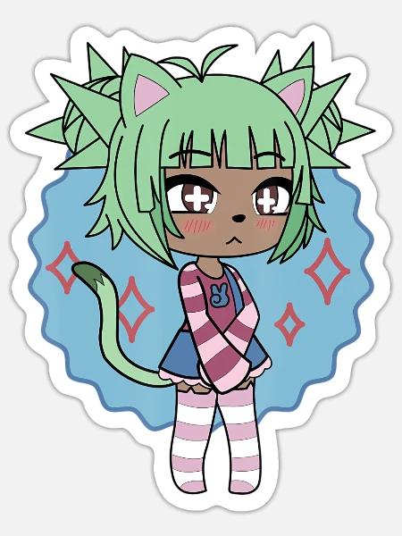 Cute Chibi Style Neko Cat Girl with green hair and - Sticker - white matte