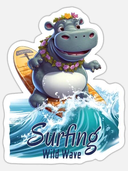 Cool Hippo with a Surfboard - Surfer - Sticker - white matte