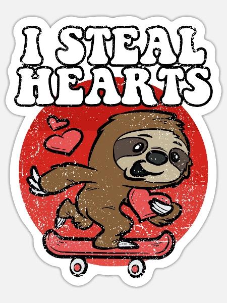 I STEAL HEARTS SLOTH RIDING SKATEBOARD copy - Sticker - white matte